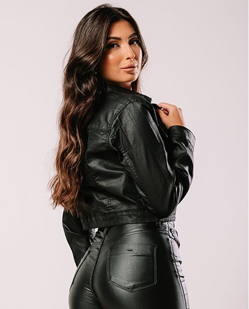 Jaqueta Sarja Resinada Feminina Cropped 23584 Preto