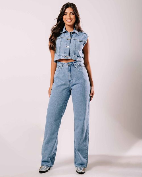 Calça Jeans Wide Leg Feminina Cintura Alta com Aplicação 23034 Média