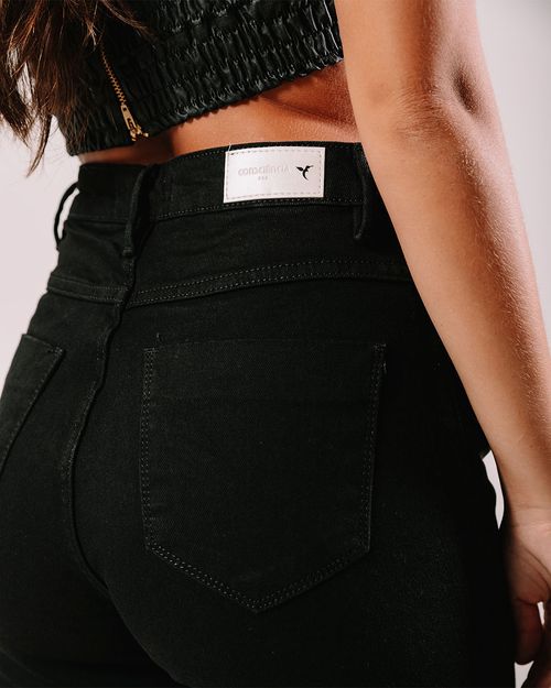 Calça Sarja Wide Leg Feminina Cintura Alta Bolso Cargo 23200 Preto