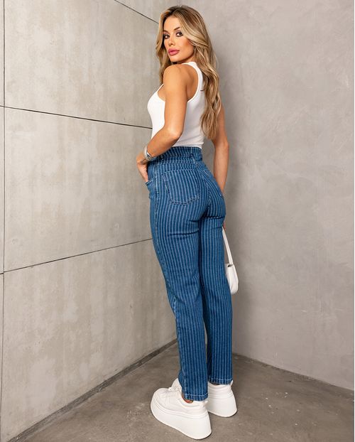 Calça Jeans Reta Feminina Cintura Alta Alfaiataria Risca de Giz 23628 Escura