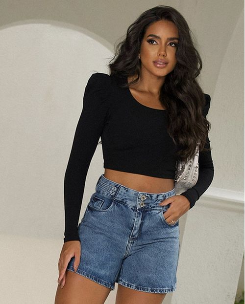 Bermuda Jeans Meia Coxa Feminina Cintura Média Detalhe Cós 23557 Média