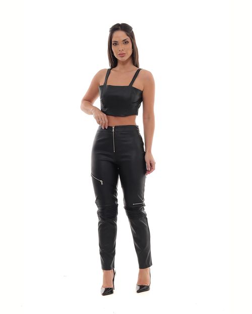 Calça Material Sintético Skinny Feminina Cintura Alta com Zíper Na Perna 90539 Preto