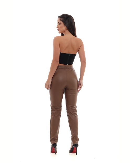 Calça Material Sintético Skinny Feminina Cintura Alta com Zíper Na Perna 90539 Marrom