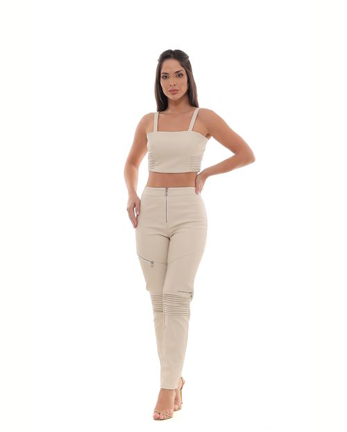 Calça Material Sintético Skinny Feminina Cintura Alta com Zíper Na Perna 90539 Bege