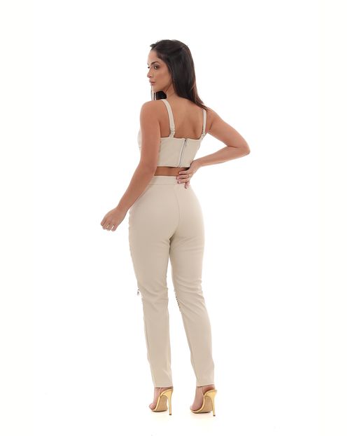 Calça Material Sintético Skinny Feminina Cintura Alta com Zíper Na Perna 90539 Bege