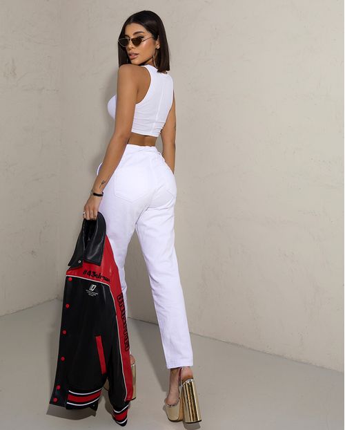 Calça Sarja Mom Feminina Cintura Alta com Cinto 23416 Branco