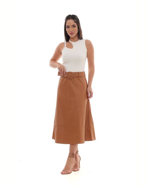 Saia Material Sintético Midi Feminina com Cinto 90538 Caramelo