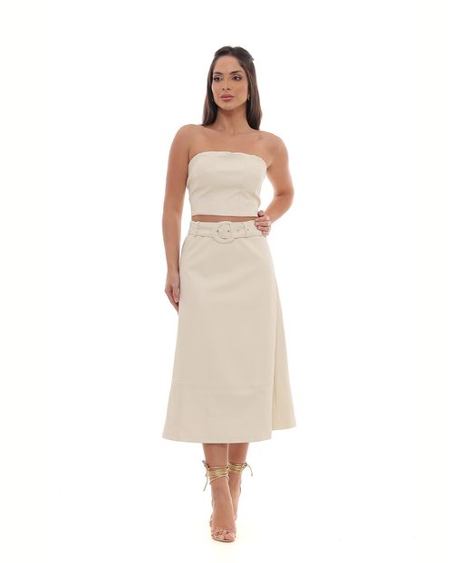Saia Material Sintético Midi Feminina com Cinto 90538 Off White