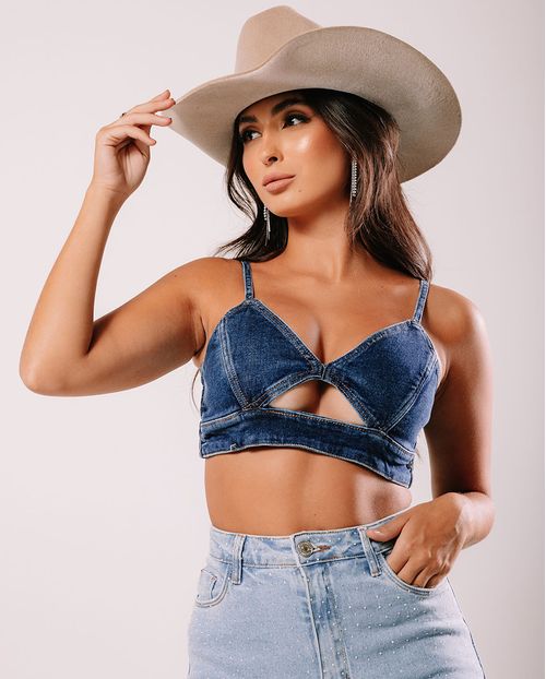 Top Jeans Feminino de Alça com Recorte 23243 Escura