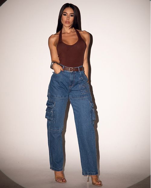 Calça Jeans Reta Cargo Feminina Cintura Alta Utilitária 23001 Média
