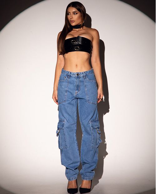 Calça Jeans Reta Cargo Carpinteiro Cintura Média Bolsos Laterais 23282 Média