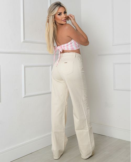 Calça Sarja Wide Leg Feminina Cintura Alta Linha Eco 21680 Off White