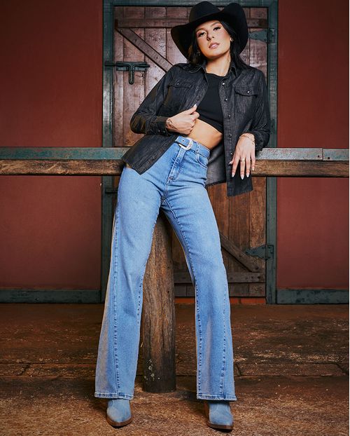 Calça Jeans Wide Leg Feminina Cintura Alta com Cinto 23602 Média
