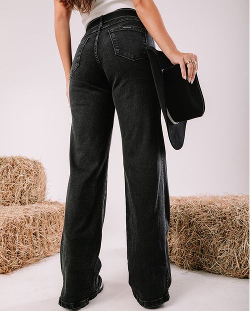 Calça Jeans Wide Leg Feminina Cintura Alta com Cinto 23721 Preto