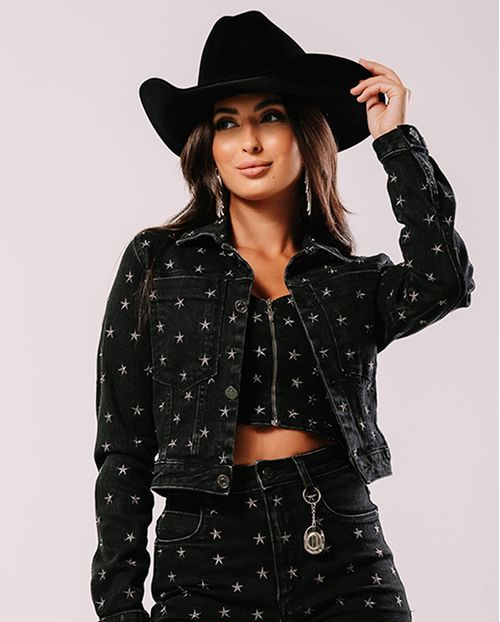 Jaqueta Jeans Black Cropped Feminina Bordados Estrelas 23695 Preto