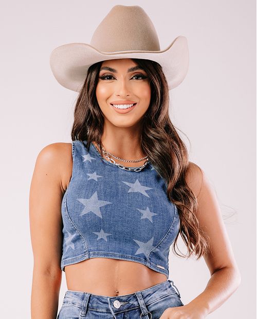 Top Jeans Feminino Detalhes de Estrelas No Laser 23672 Escura