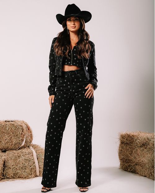 Calça Jeans Black Wide Leg Feminina Cintura Alta Bordados Estrelas 23617 Preto