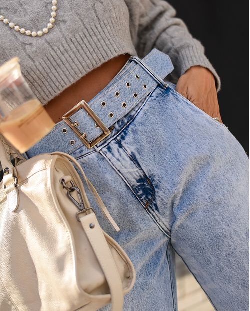 Calça Jeans Wide Leg Feminina Cintura Alta com Cinto 23699 Marmorizado