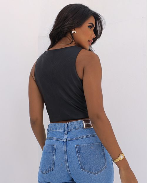 Blusa Regata Material Sintético Cropped Feminina Alças com Botão 90541 Preto