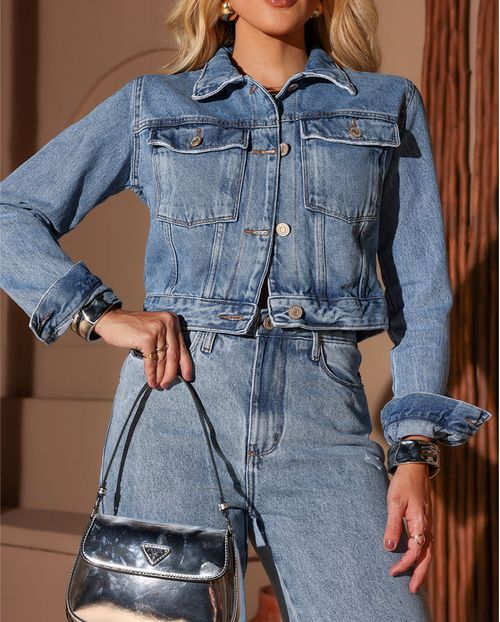 Jaqueta Jeans Cropped Feminina Básica 23552 Média
