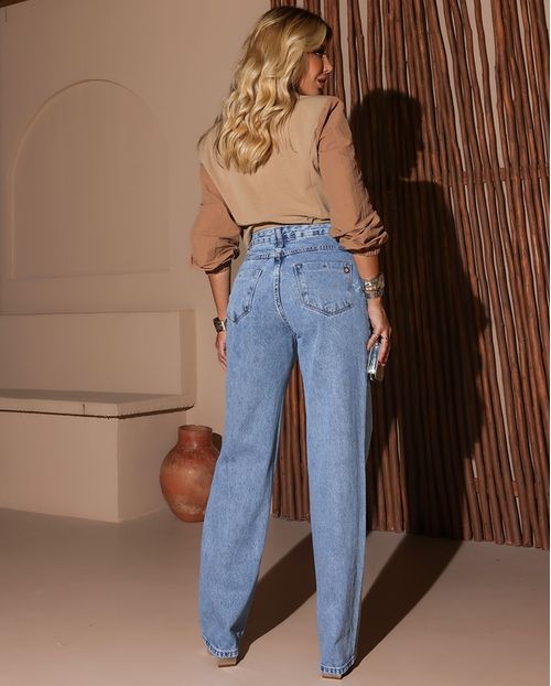 Calça Jeans Wide Leg Feminina Cintura Alta Básica Algodão 29000 Sky Claro