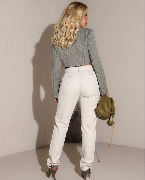 Calça Linho Reta Feminina Cintura Alta com Cinto 23820 Linho