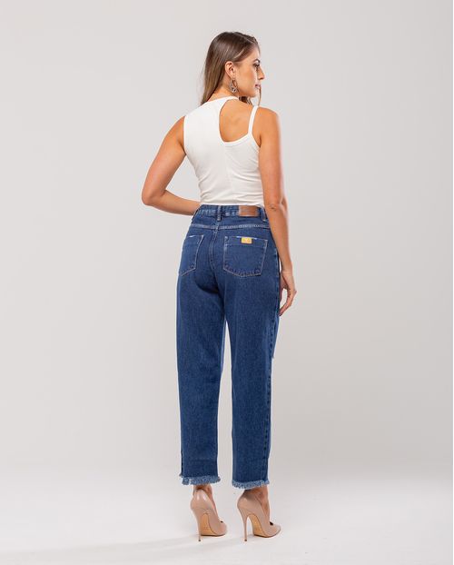 Calça Jeans Feminina Slouchy Rasgada com Barra Desfiada   21864 Escura