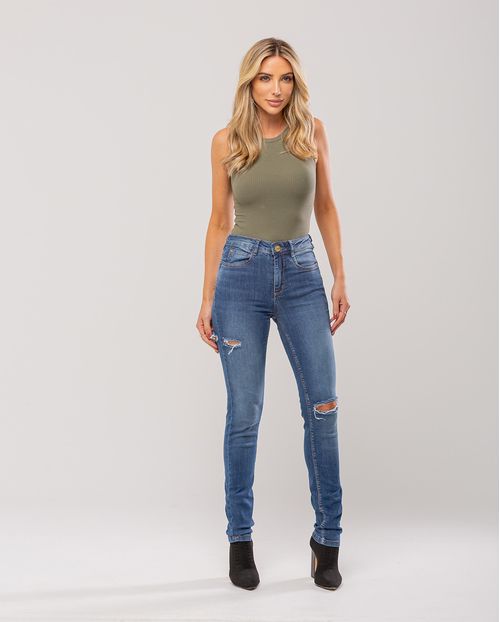 Calça Jeans Feminina Skinny Intermediaria com Rasgos 21766 Média