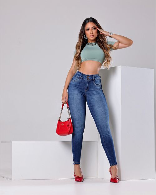 Calça Jeans Skinny Feminina Cintura Média Cós Largo 23766 Escura