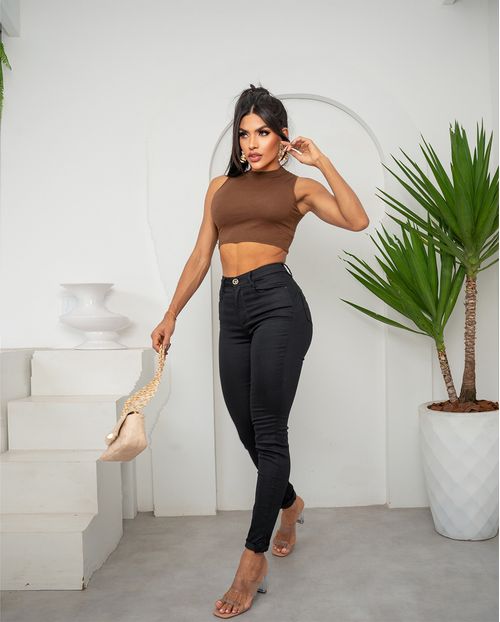 Calça Sarja Skinny Feminina Cintura Média Botão Na Lateral da Barra 23417 Preto