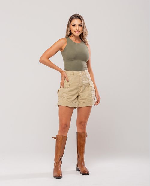 Shorts Sarja Feminino Cargo Cintura Alta Bolsos Laterais 23327 Bege