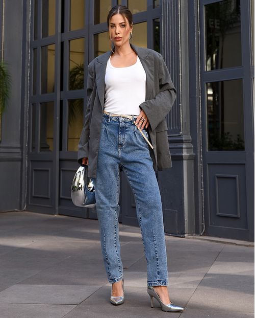 Calça Jeans Slouchy Feminina Cintura Alta Básica 23739 Média