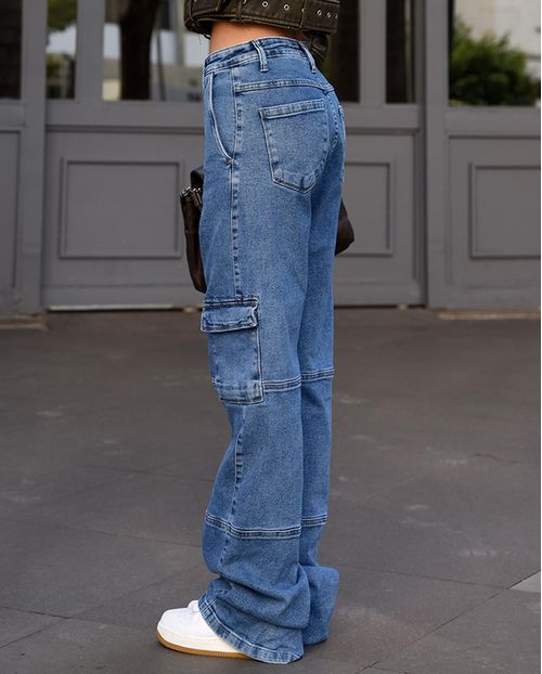 Calça Jeans Wide Leg Cargo Feminina Cintura Alta Bolsos Laterais 23658 Sky