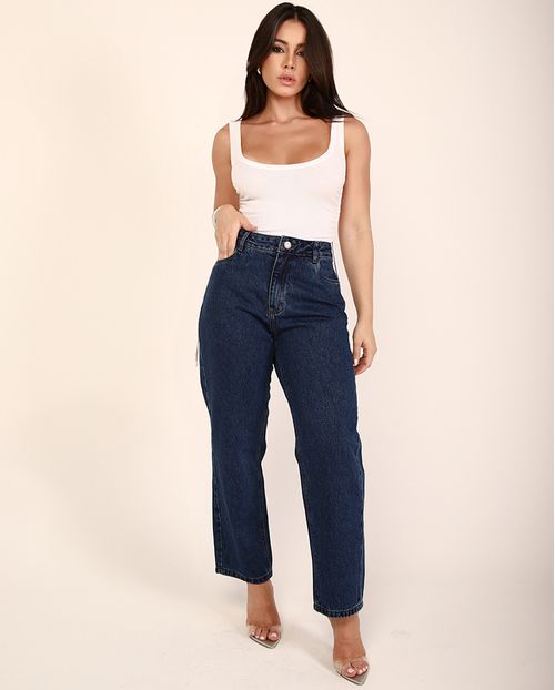 Calça Jeans Straight Reta Feminina Cintura Alta Básica 00601 Escura