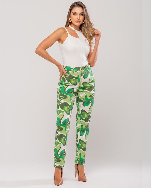 Calça Feminina Mom com Elastano 22423 Estampado Verde