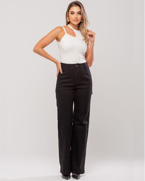 Calça Jeans Wide Leg Feminina Cintura Alta Carpinteiro 23199 Preto