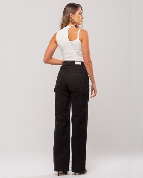 Calça Jeans Wide Leg Feminina Cintura Alta Carpinteiro 23199 Preto