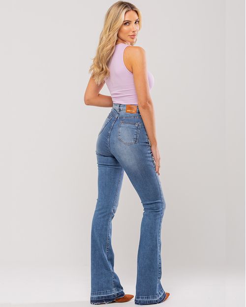 Calça Jeans Flare Feminina Cintura Média Detalhe Barra 23558 Médio/escuro