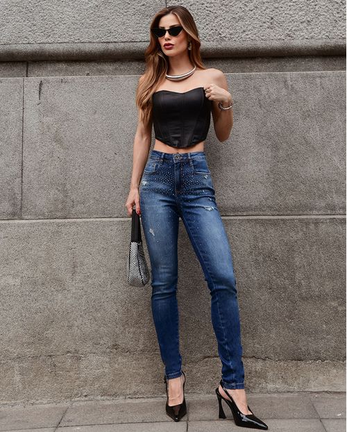 Calça Jeans Skinny Feminina Cintura Média com Aplicação 23661 Médio/escuro