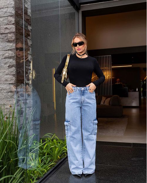 Calça Jeans Wide Leg Feminina Cintura Alta Bolso Cargo 22841 Clara