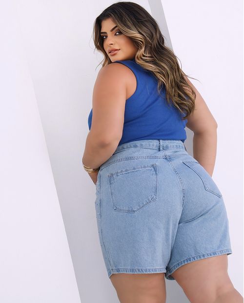Bermuda Jeans Meia Coxa Plus Size Feminina Cintura Alta com Aplicação 23562 Clara