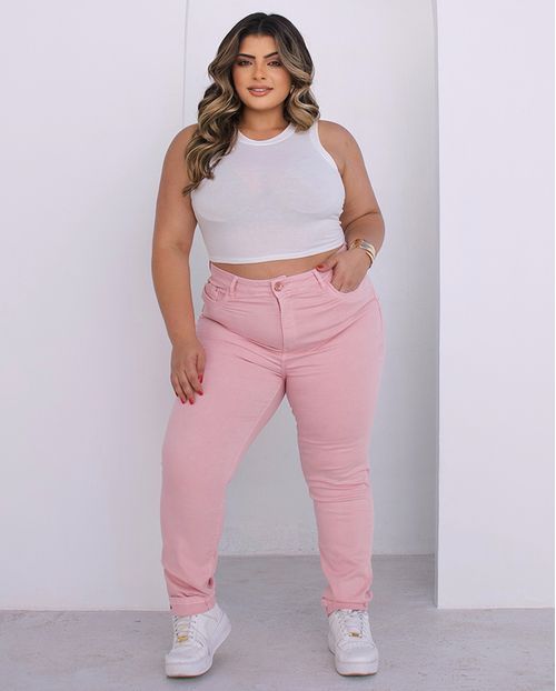 Calça Sarja Skinny Plus Feminina Cintura Alta com Elastano 20122  Rosa