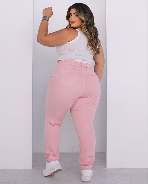 Calça Sarja Skinny Plus Feminina Cintura Alta com Elastano 20122  Rosa