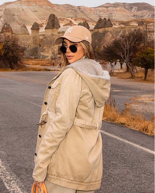 Parka de Sarja Feminina Forrada com Capuz 22627 Caqui