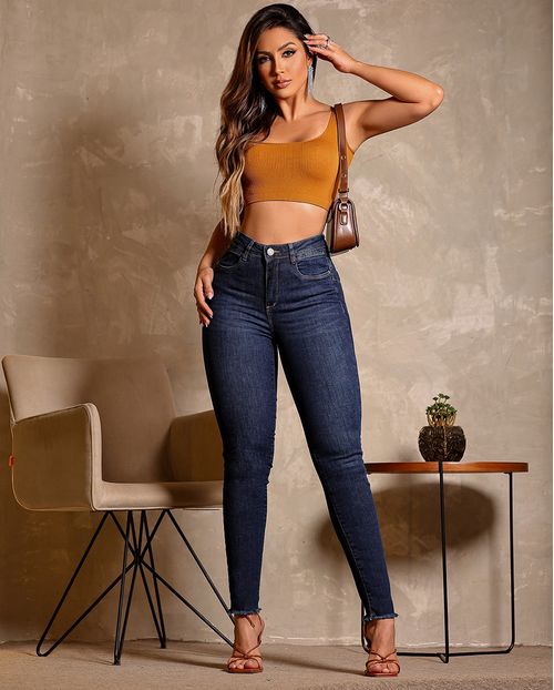 Calça Jeans Skinny Cintura Média Barra Desfiada 23835 Escura