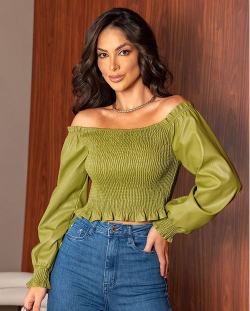 Blusa Material Sintético Ciganinha Cropped Feminina Manga Longa 90548 Verde