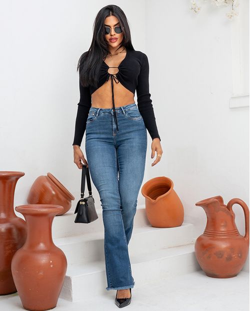 Calça Jeans Flare Feminina Cintura Média Barra Desfiada 23436 Escura