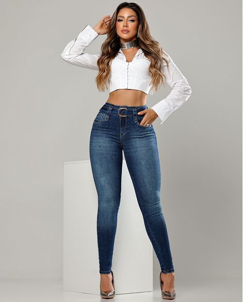 Calça Jeans Skinny Hot Feminina Cintura Alta com Cinto 23815 Escura