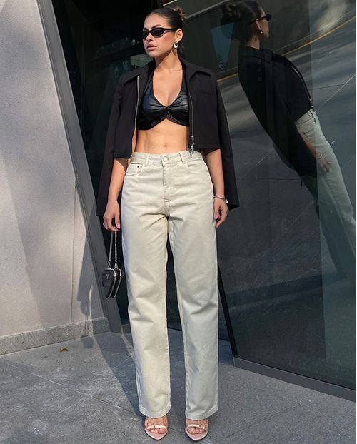Calça Sarja Reta Feminina Cintura Alta Básica 24210 Creme
