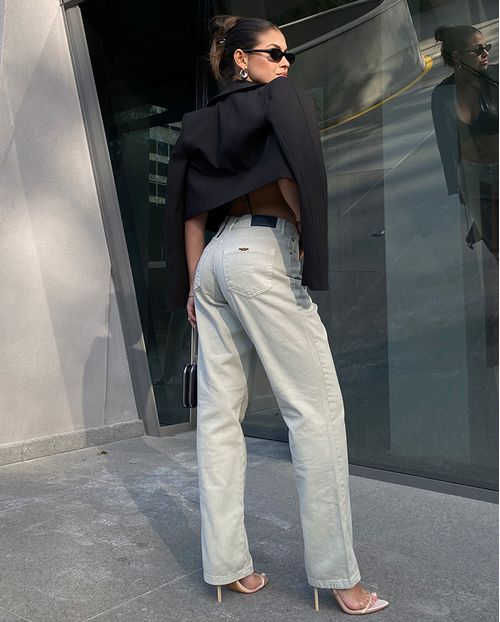 Calça Sarja Reta Feminina Cintura Alta Básica 24210 Creme